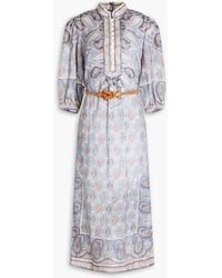 Zimmermann - Belted Paisley-print Linen Midi Dress - Lyst