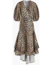 Ganni - Layered Leopard-print Cotton-poplin Midi Wrap Dress - Lyst