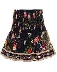 Camilla Crystal-embellished Shirred Floral-print Silk Crepe De Chine Mini Skirt - Black