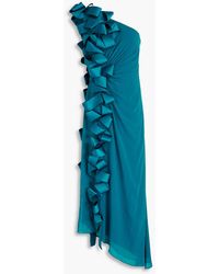 Badgley Mischka - One-shoulder Bow-detailed Draped Georgette Gown - Lyst