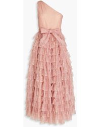 RED Valentino - One-shoulder Tiered Glittered Tulle Midi Dress - Lyst