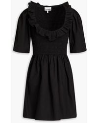 Ganni - Ruffled Shirred Cotton-poplin Mini Dress - Lyst