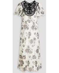 RED Valentino - Guipure Lace-trimmed Floral-print Silk-georgette Midi Dress - Lyst
