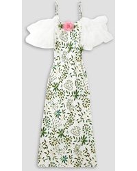 Rodarte - Cold-shoulder Tulle-trimmed Floral-print Silk-twill Midi Dress - Lyst