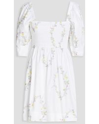 Ganni - Shirred Floral-print Cotton-poplin Mini Dress - Lyst