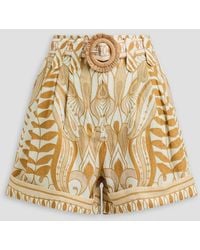 FARM Rio - Belted Pleated Printed Linen Shorts - Lyst