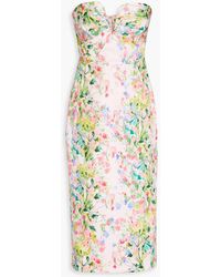 ML Monique Lhuillier - Strapless Pleated Floral-print Faille Midi Dress - Lyst