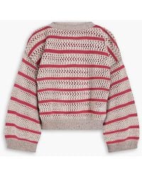 Brunello Cucinelli - Cropped Embellished Striped Open-Knit Linen-Blend Sweater - Lyst