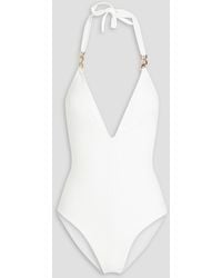 Melissa Odabash - Naples Chain-embellished Stretch-jacquard Halterneck Swimsuit - Lyst