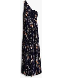 Mikael Aghal - Plissierte robe aus chiffon mit fil coupé, floralem print und asymmetrischer schulterpartie - Lyst