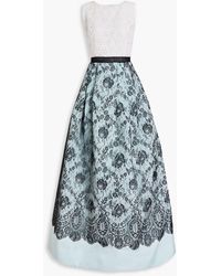 Andrew Gn Guipure Lace-paneled Pleated Faille Gown - Blue