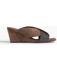 Brunello Cucinelli - Bead-embellished Suede Wedge Sandals - Lyst