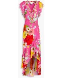 CAMILLA - Verziertes wickelkleid aus crêpe de chine aus seide mit blumenprint und rüschen - Lyst