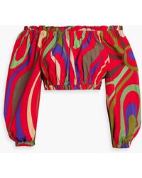 PUCCI - Off-the-shoulder Cropped Printed Cotton-poplin Top - Lyst