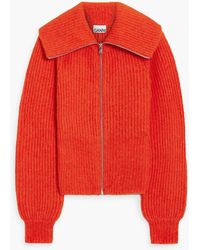 Ganni - Brushed Ribbed-knit Zip-up Sweater - Lyst