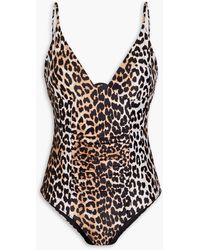 Ganni - Ruched Leopard-print Swimsuit - Lyst