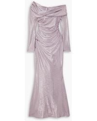 Talbot Runhof - Off-the-shoulder Draped Metallic Woven Gown - Lyst