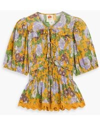 FARM Rio - Pintucked Floral-Print Cotton-Voile Blouse - Lyst