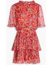 Saloni - Ava gestuftes minikleid aus chiffon aus einer seidenmischung in metallic-optik mit floralem print - Lyst