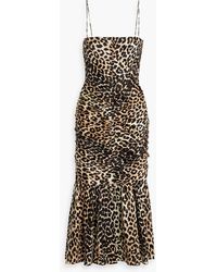 Ganni - Ruched Leopard-print Silk-blend Satin Midi Dress - Lyst