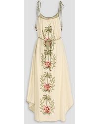 FARM Rio - Embroidered Floral-print Linen-blend Midi Dress - Lyst
