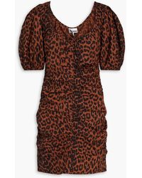 Ganni - Ruched Leopard-print Cotton-poplin Mini Dress - Lyst