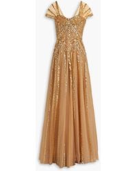 Zuhair Murad Gathered Embellished Tulle Gown - Natural