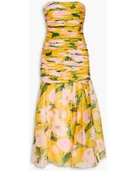 Carolina Herrera - Strapless Ruched Floral-print Silk-chiffon Midi Dress - Lyst