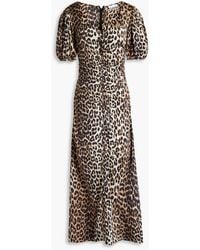 Ganni - Ruched Leopard-print Silk-blend Satin Midi Dress - Lyst