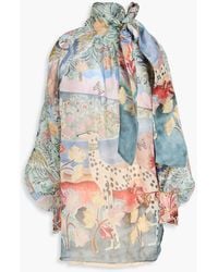 Zimmermann - Pussy-Bow Floral-Print Linen And Silk-Blend Organza Mini Dress - Lyst