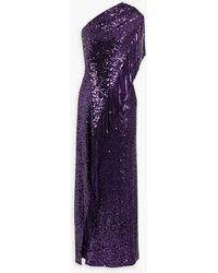 Badgley Mischka - One-shoulder Draped Sequined Woven Gown - Lyst