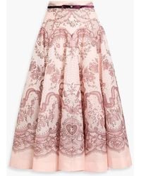 Zimmermann - Belted Printed Linen And Silk-Blend Gauze Midi Skirt - Lyst