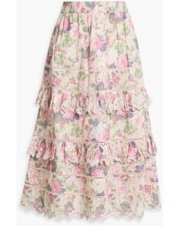 LoveShackFancy - Naila gestufter midirock aus baumwolle mit lochstickerei und floralem print - Lyst