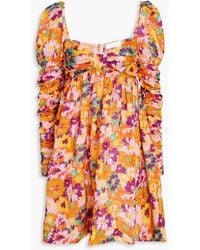 Zimmermann - Ruched Floral-print Cotton-voile Mini Dress - Lyst