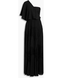Mikael Aghal - One-shoulder Pleated Crepe And Lace Maxi Dress - Lyst