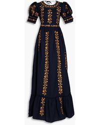 Agua Bendita - Metallic Embroidered Gathered Linen Maxi Dress - Lyst