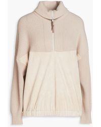 Brunello Cucinelli - Bead-embellished Ribbed Cashmere And Suede Half-zip Sweater - Lyst