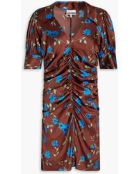 Ganni - Ruched Floral-print Stretch-silk Satin Mini Dress - Lyst