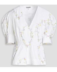 Ganni - Shirred Floral-print Cotton-poplin Blouse - Lyst