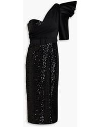 Badgley Mischka - One-shoulder Satin-twill And Sequined Tulle Midi Dress - Lyst