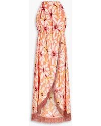 Sundress - Fringed Wrap-effect Floral-print Linen Halterneck Midi Dress - Lyst