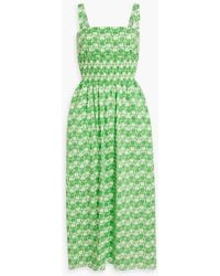 HVN - Laura Shirred Printed Cotton-Blend Poplin Midi Dress - Lyst