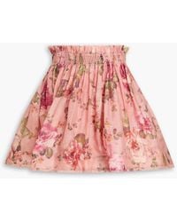 Zimmermann - Gathered Floral-print Linen And Silk-blend Gauze Mini Skirt - Lyst