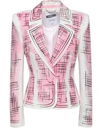 Moschino Printed Cotton And Linen-blend Piqué Blazer - Pink