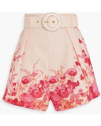 Zimmermann - Belted Pleated Floral-print Linen Shorts - Lyst