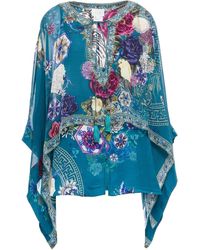 Camilla Cape-effect Crystal-embellished Printed Silk-chiffon And Crepe De Chine Blouse - Blue