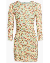 Ganni - Gerafftes minikleid aus stretch-mesh mit floralem print - Lyst
