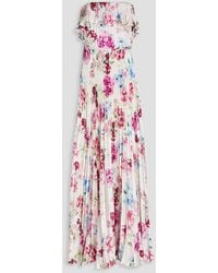 ML Monique Lhuillier - Strapless Pleated Floral-print Hammered-satin Maxi Dress - Lyst