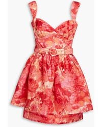 Zimmermann - Belted Floral-print Linen And Silk-blend Peplum Mini Dress - Lyst