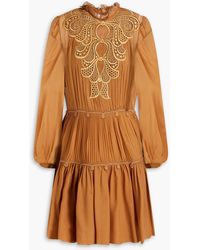 Alberta Ferretti - Guipure Lace-trimmed Pleated Silk-chiffon Mini Dress - Lyst